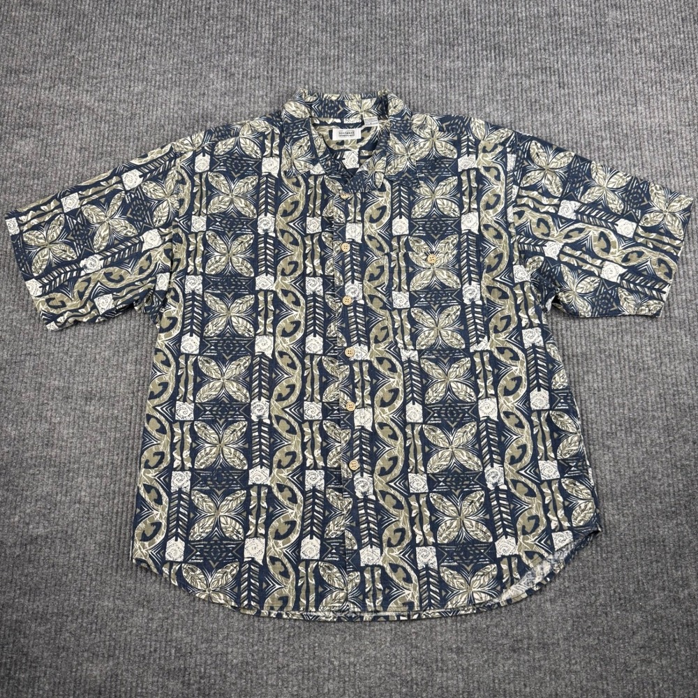 Vtg 90s Sostanza Button Up Shirt Mens XL Linen Cotton Tapa Tribal Print Island